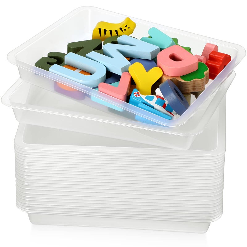 Maitys 24 Pcs Art Trays Plastic Activity Tray for Kids Craft Stackable Shallow Storage Organizer Serving for DIY School Books Home Painting Projects 945 x 71 x 138 InchClear