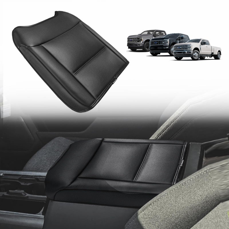 Muslogy Center Console Armrest Cover Fit for Ford F250 F350 F450 2023-2025 2026 Super Duty Accessories, Comfort Armrest Pad Console Lid Cushion Vegan Leather Regular Thick(Bucket Seat ONLY) - Image 1
