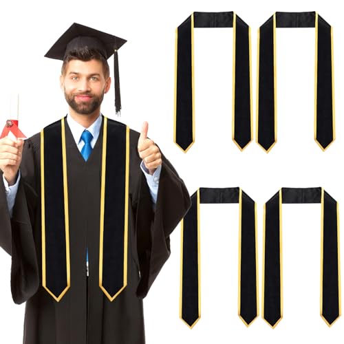 Lawei 4 Pieces 72 Inch Unisex Graduation Stole, Adult Plain Graduation Sash Honor Classic End With Trim for Academic Commencements, 2024 Personalized Graduation Sash Gift, Black - Image 1