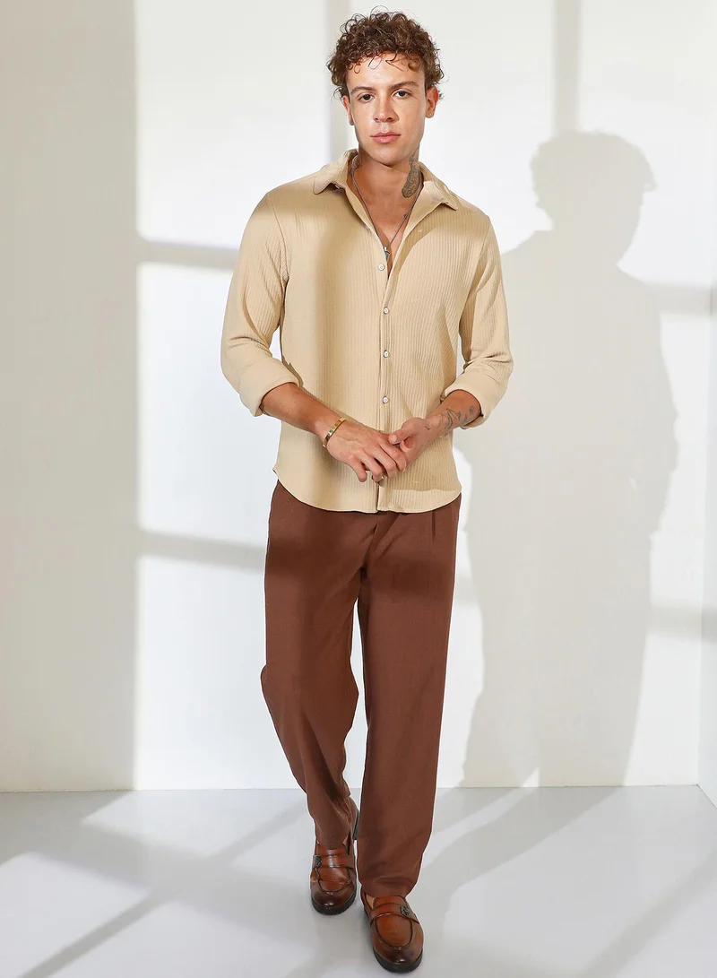 Campus Sutra Men's Butter Yellow Stripe-Creased Shirt