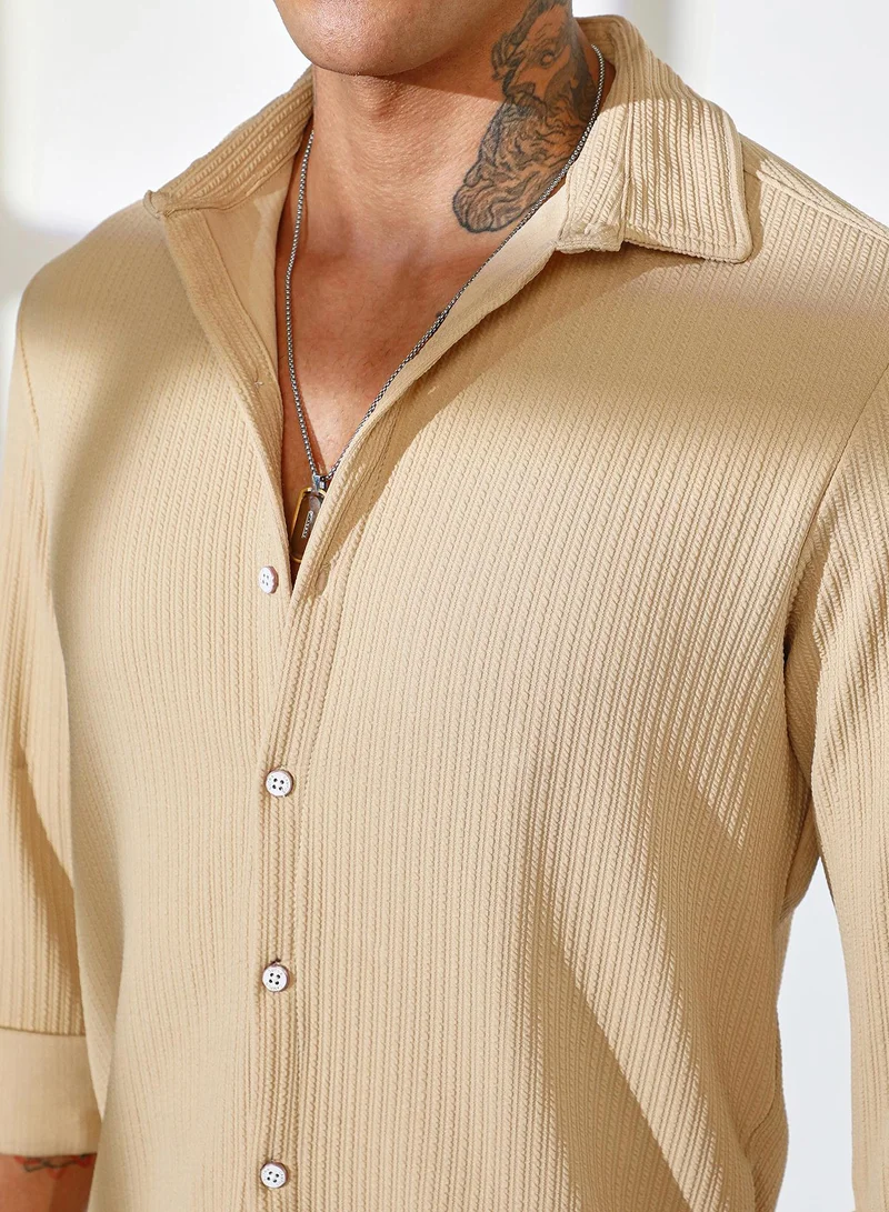 Campus Sutra Men's Butter Yellow Stripe-Creased Shirt