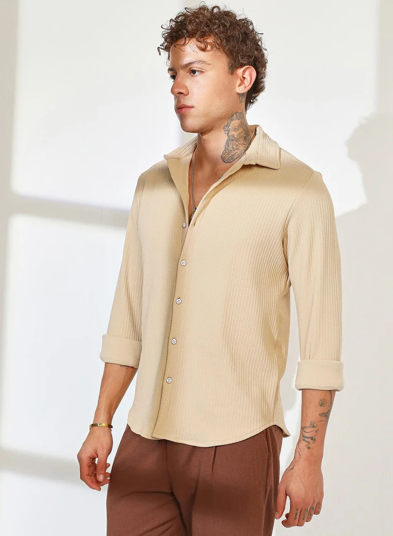 Campus Sutra Men's Butter Yellow Stripe-Creased Shirt