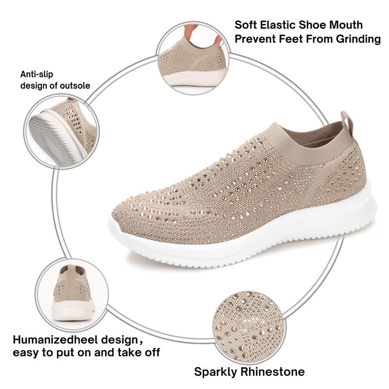 BELOS Women's Rhinestone Slip On Walking Shoes Breathable Mesh Knit Sock Shoes Fashion Comfortable Sparkly Sneaker(Beige,9) - Image 4