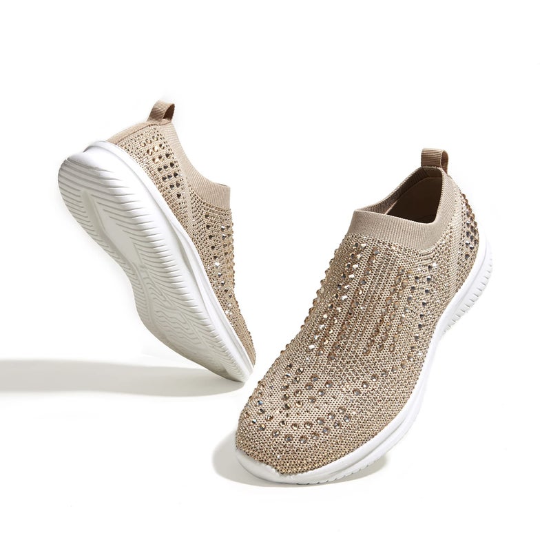 BELOS Women's Rhinestone Slip On Walking Shoes Breathable Mesh Knit Sock Shoes Fashion Comfortable Sparkly Sneaker(Beige,9) - Image 1