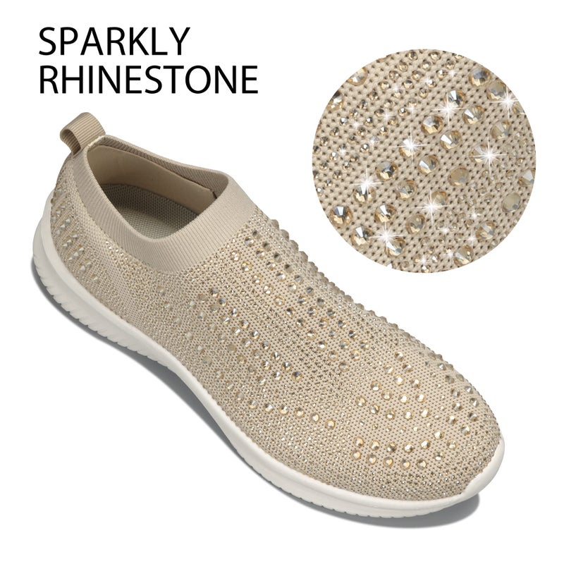 BELOS Women's Rhinestone Slip On Walking Shoes Breathable Mesh Knit Sock Shoes Fashion Comfortable Sparkly Sneaker(Beige,9) - Image 3