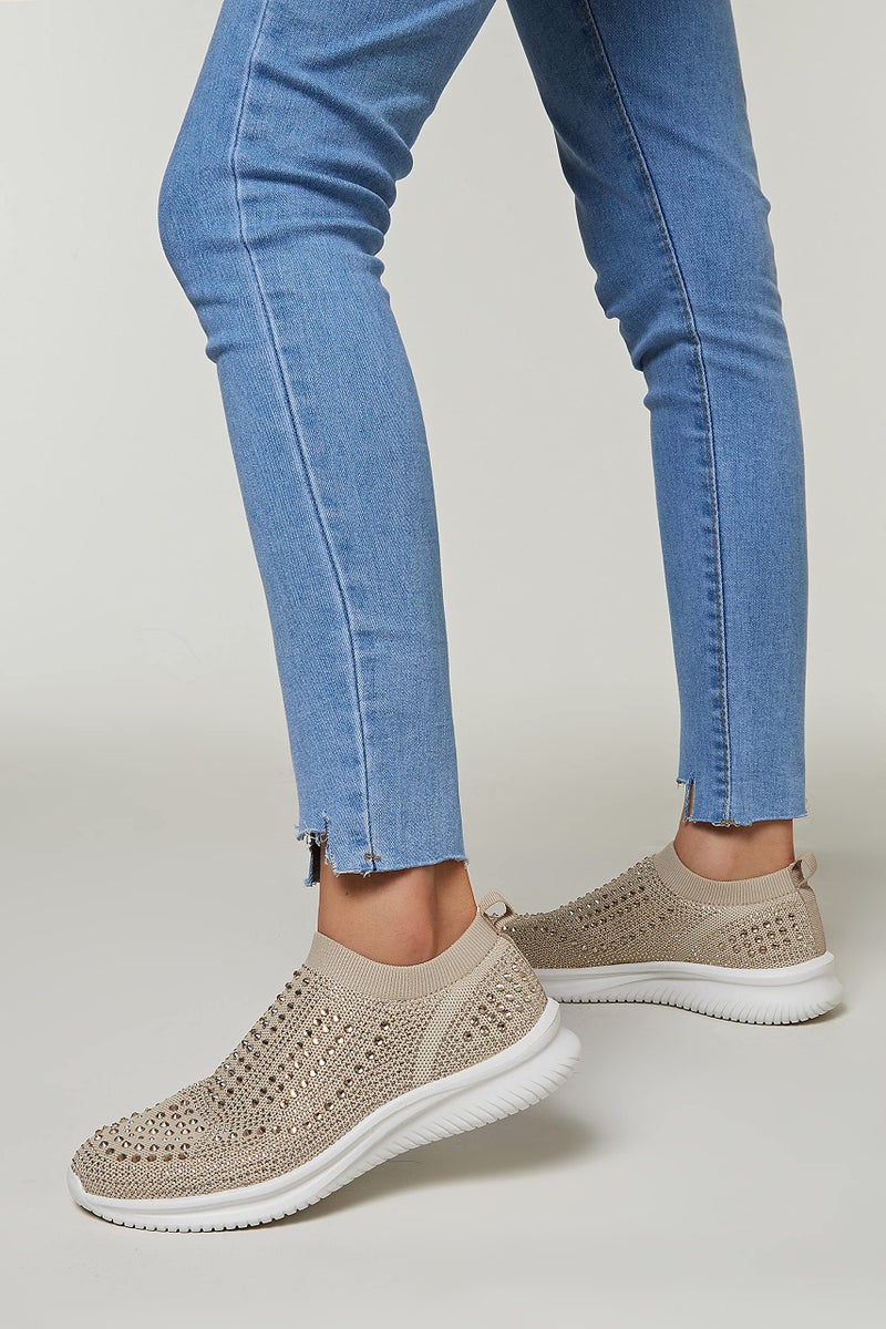 BELOS Women's Rhinestone Slip On Walking Shoes Breathable Mesh Knit Sock Shoes Fashion Comfortable Sparkly Sneaker(Beige,9) - Image 2