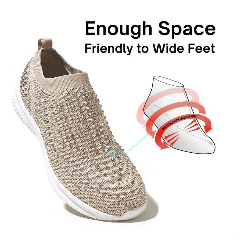 BELOS Women's Rhinestone Slip On Walking Shoes Breathable Mesh Knit Sock Shoes Fashion Comfortable Sparkly Sneaker(Beige,9) - Image 5