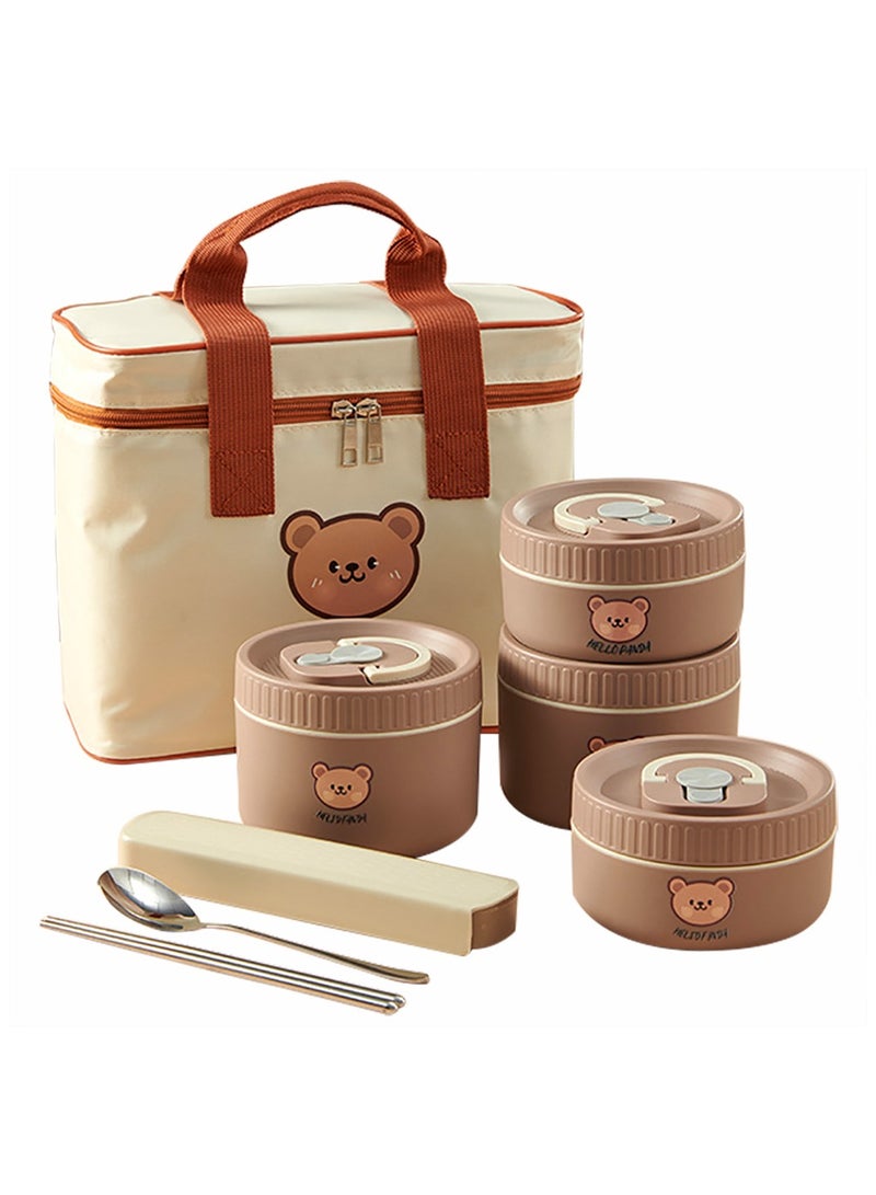 XiuWoo Stainless Steel Thermal Lunch Box Bento Box Portable Insulated Lunch Container Set with Bag and Spoon Microwave Safe Dishwasher Safe 4 Pcs 67.6 OZ Brown  - Image 1