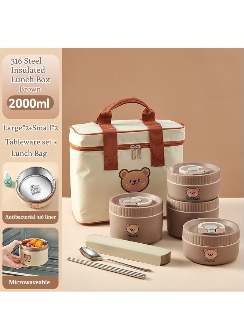 XiuWoo Stainless Steel Thermal Lunch Box Bento Box Portable Insulated Lunch Container Set with Bag and Spoon Microwave Safe Dishwasher Safe 4 Pcs 67.6 OZ Brown  - Image 2