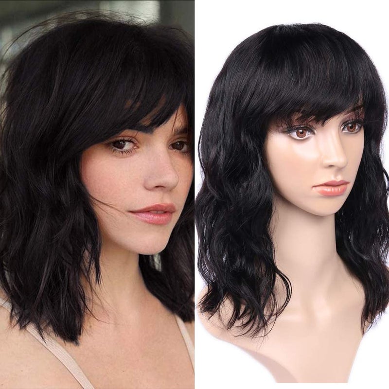 WIGNEE Womens Natural Black 12 Inch Wavy Human Hair Wig with Bangs