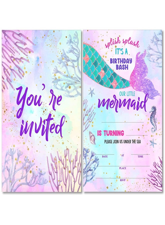 Soiceu Cute Under the Sea Mermaid Birthday Party Invitations with Envelopes Set of 20 Purple Pink Girl Birthday Party Invites - Image 1