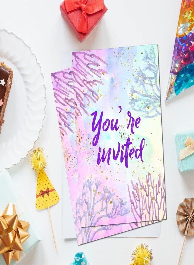 Soiceu Cute Under the Sea Mermaid Birthday Party Invitations with Envelopes Set of 20 Purple Pink Girl Birthday Party Invites - Image 3