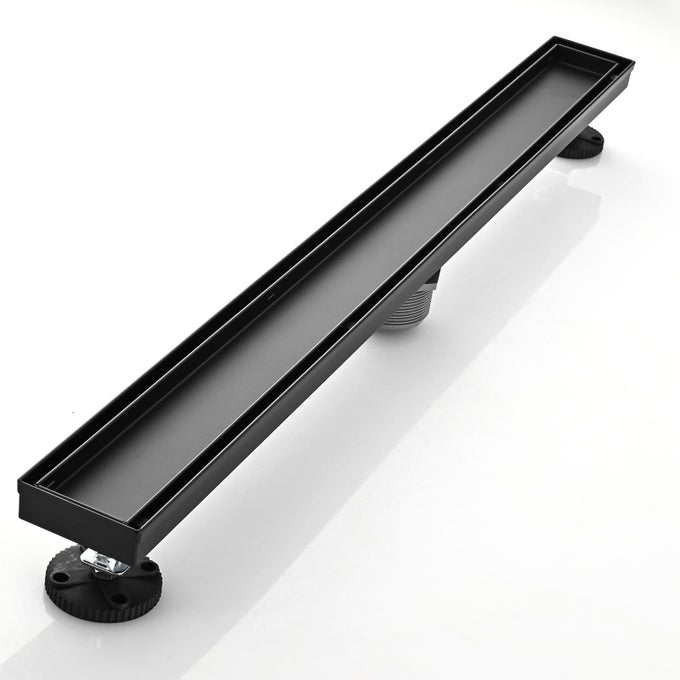 LINEAR SHOWER FLOOR DRAIN BLACK 30 INCH 304 STAINLESS STEEL BATHROOM DRAINS KIT RECTANGULAR SHOWER TRENCH DRAIN WITH REVERSABLE TILEIN PATTERN DRAIN COVER HAIR CATCHER