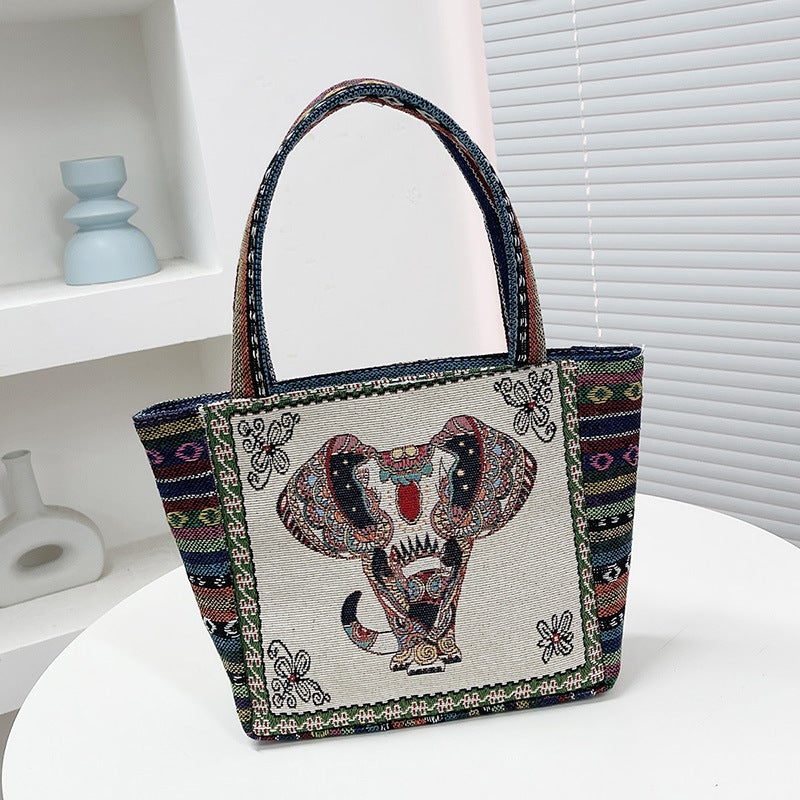 Factory Embroidered Canvas Handbag Female Ethnic Hand Bag Casual Mommy Hand Lunch Box Bag Small Cloth Bag - Image 1