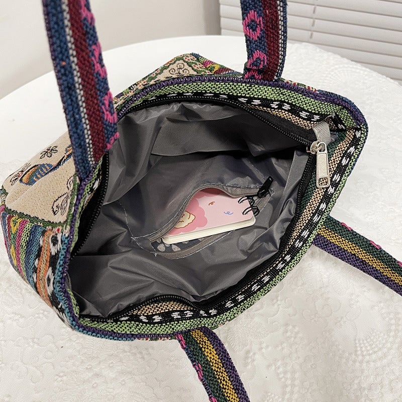 Factory Embroidered Canvas Handbag Female Ethnic Hand Bag Casual Mommy Hand Lunch Box Bag Small Cloth Bag - Image 5