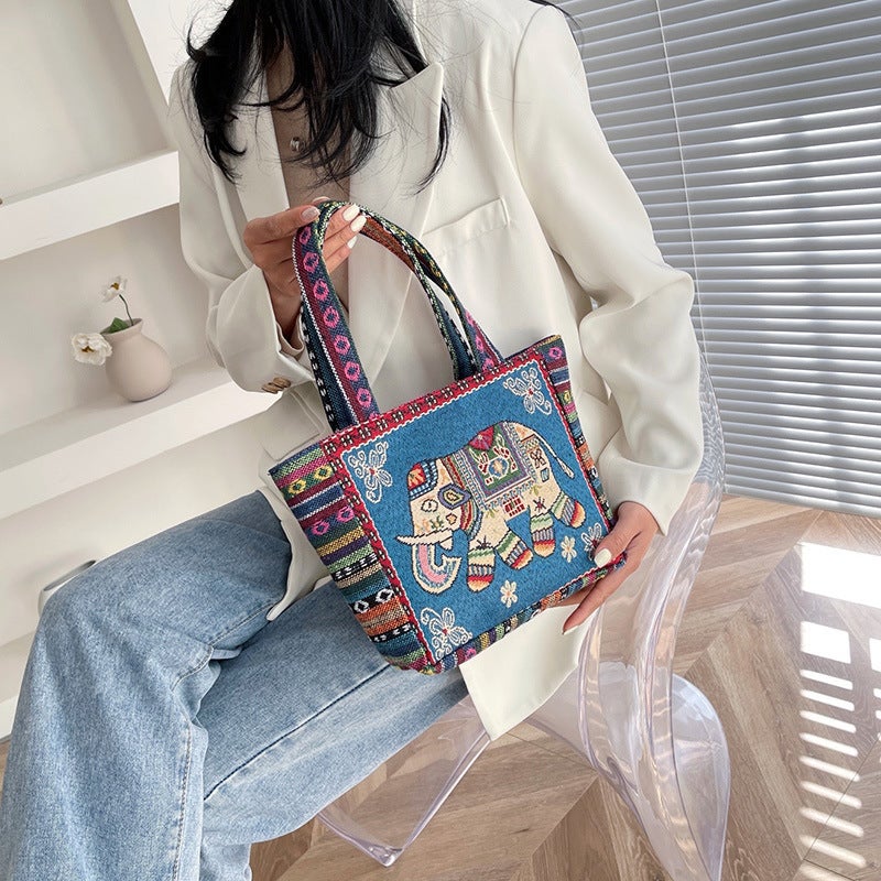 Factory Embroidered Canvas Handbag Female Ethnic Hand Bag Casual Mommy Hand Lunch Box Bag Small Cloth Bag - Image 3