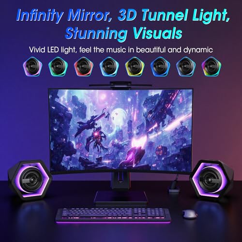 BESTISAN Computer Gaming Speakers, 50W Active Desktop Speakers with Infinity Mirror 3D Tunnel RGB (8 Modes), Bluetooth 5.3, AUX in, Headphone Out & Type-C Input, 3 EQ Modes, AC Powered for PC/Laptop/TV - Image 5