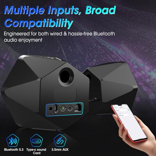 BESTISAN Computer Gaming Speakers, 50W Active Desktop Speakers with Infinity Mirror 3D Tunnel RGB (8 Modes), Bluetooth 5.3, AUX in, Headphone Out & Type-C Input, 3 EQ Modes, AC Powered for PC/Laptop/TV - Image 3
