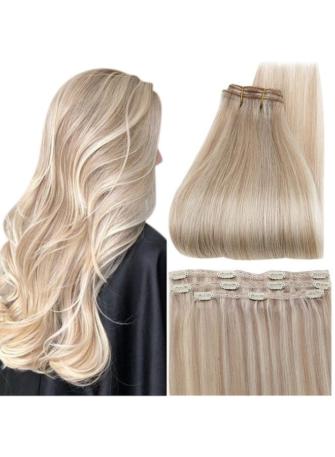 Full Shine Clip in Hair Extensions Highlight Blonde Human Hair Extensions Double Weft Ash Blonde And Platinum Blonde Invisible Clip in Extensions for Women Natural Ends 3Pcs 60G 20Inch - Image 1