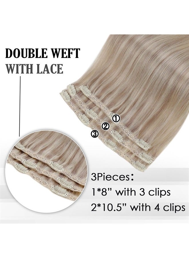 Full Shine Clip in Hair Extensions Highlight Blonde Human Hair Extensions Double Weft Ash Blonde And Platinum Blonde Invisible Clip in Extensions for Women Natural Ends 3Pcs 60G 20Inch - Image 3