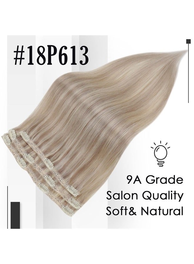 Full Shine Clip in Hair Extensions Highlight Blonde Human Hair Extensions Double Weft Ash Blonde And Platinum Blonde Invisible Clip in Extensions for Women Natural Ends 3Pcs 60G 20Inch - Image 2