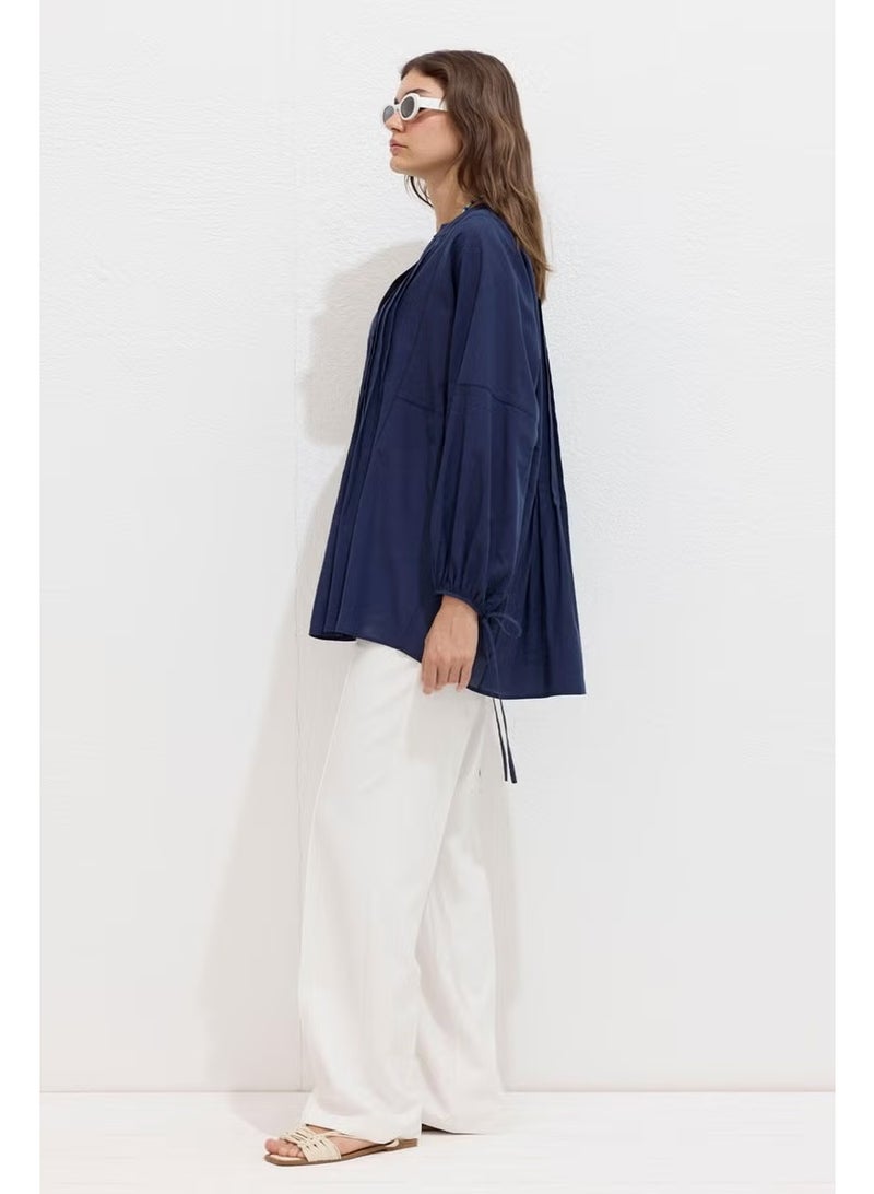 Manuka Ribbed Detail Voile Tunic Navy Blue - Image 3