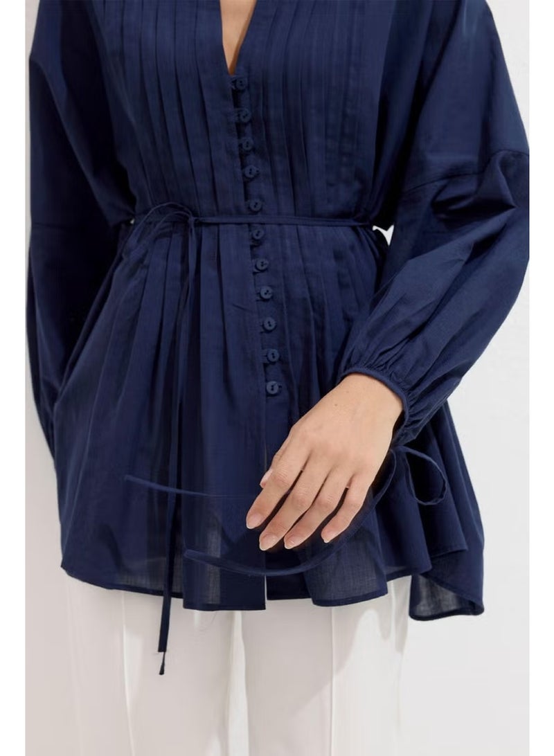 Manuka Ribbed Detail Voile Tunic Navy Blue - Image 2
