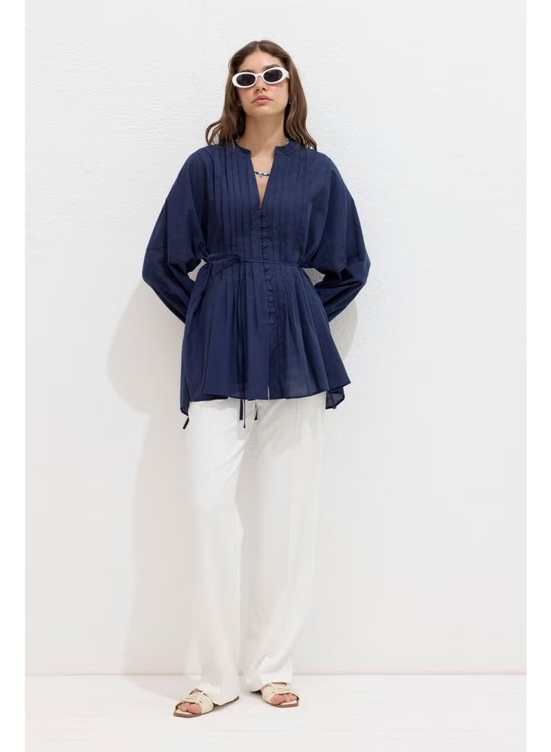 Manuka Ribbed Detail Voile Tunic Navy Blue - Image 1