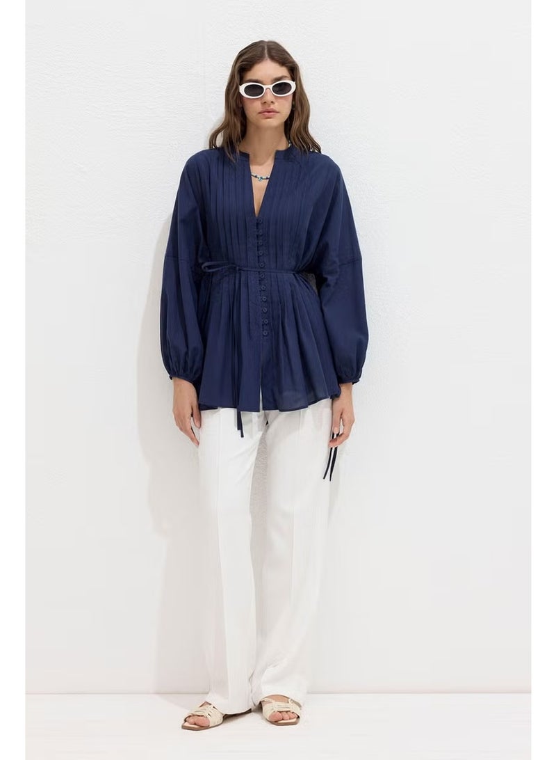 Manuka Ribbed Detail Voile Tunic Navy Blue - Image 4