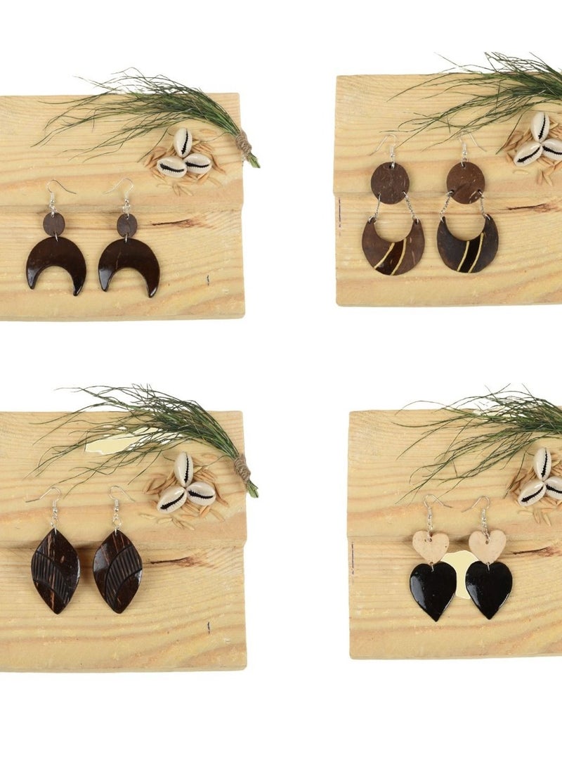 N & H N&H Eco-friendly Handmade Jewellery 4 Pairs Coconut Wooden Earrings Lightweight Hoopwire Earrings Bohemian Pendant Dangle Earrings Set - Image 1