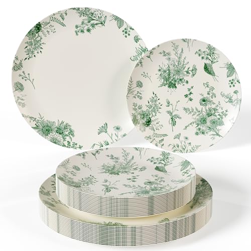 Trendables 80 Piece Plastic Disposable Plates Set For 40 Guests I 40 X 8 Inch Dessert Plates & 40 X 10 Inch Wedding Party Plates | Ivory & Green Verdure Design - Image 1