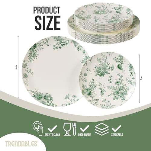 Trendables 80 Piece Plastic Disposable Plates Set For 40 Guests I 40 X 8 Inch Dessert Plates & 40 X 10 Inch Wedding Party Plates | Ivory & Green Verdure Design - Image 2
