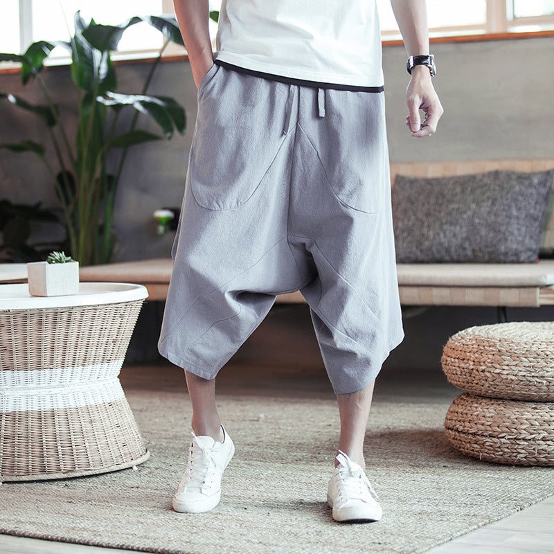 2018 Summer Chinese Style Cotton Blend Low-Grade Squib Pants Big Leg Pants - Image 3