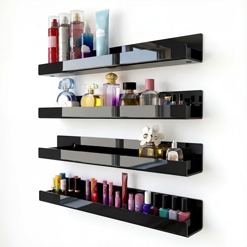 RORKIM 4 Pack 15 Inch Black Acrylic Shelves Black Kids Floating Bookshelf for Kids Room Modern Nail Polish Rack Sunglasses Essential Oil Picture Ledge Display Toy Storage Wall Shelf - Image 1