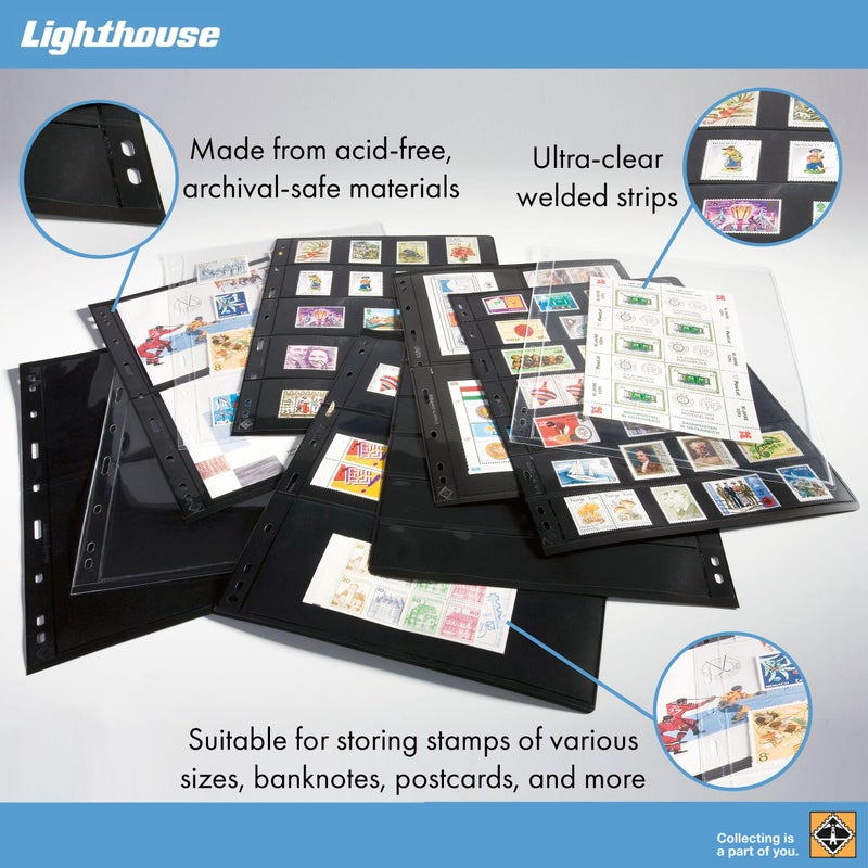 LIGHTHOUSE- VARIO Stamp Pages for Stamp Albums, Black 9-Hole Binder Pages with 4 Pockets for Stamp Collection - Pack of 5 - Image 2