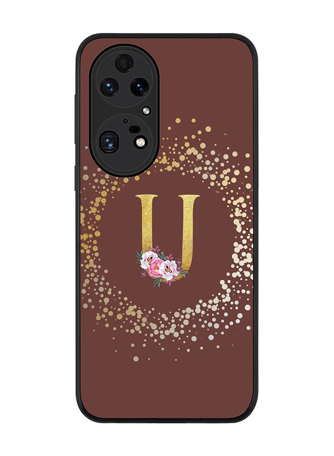 Stylizedd Rugged Black edge case for Huawei P50 Pro Slim fit Soft Case Flexible Rubber Edges TPU Gel Thin Cover - Custom Monogram Initial Letter Floral Pattern Alphabet - U (Brown) - Image 1