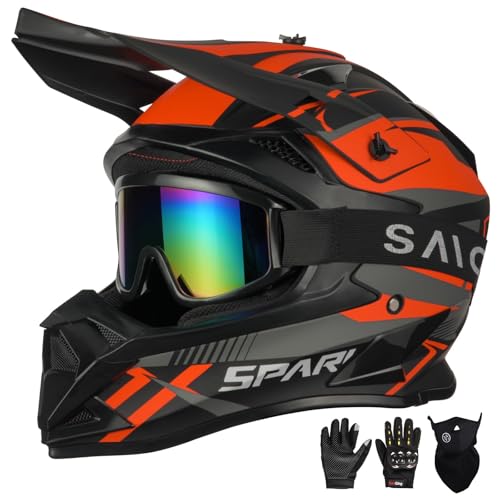 Cutey Adult Motocross Helmet ATV Dirt Bike OffRoad Full Face Motorcycle Helmet WGoggles Gloves Mask DOT Approved Vitality Orange Large - Image 1