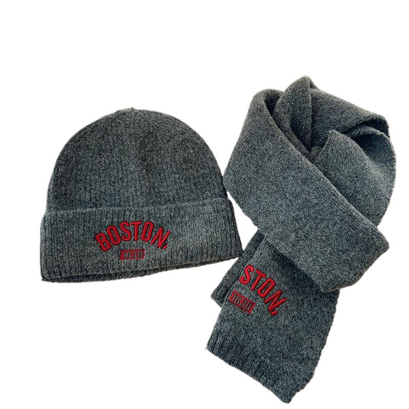 Korean Autumn Winter Kids Embroidered Scarf Set Dark gray suit