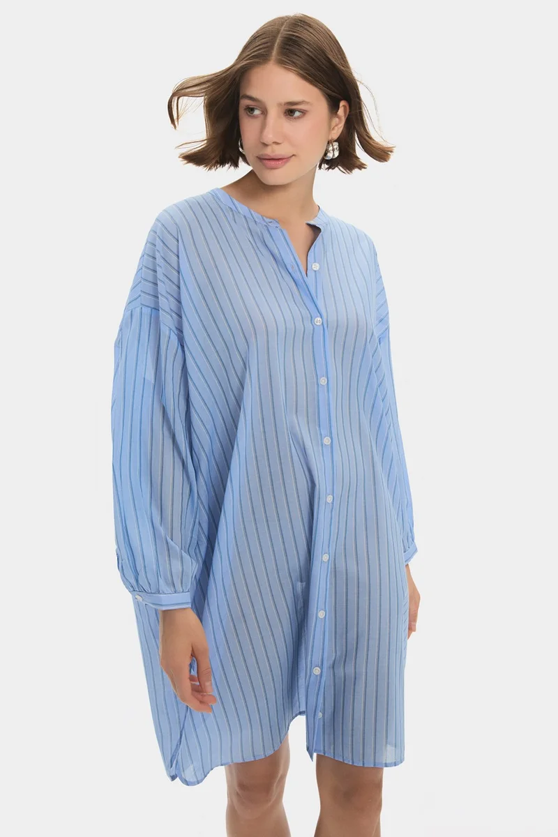 جون Women's Exclusive Wide Pattern Blue Judge Collar Striped 100% Cotton Shirt Dress