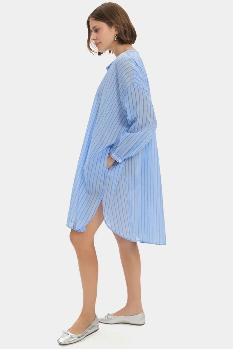 جون Women's Exclusive Wide Pattern Blue Judge Collar Striped 100% Cotton Shirt Dress
