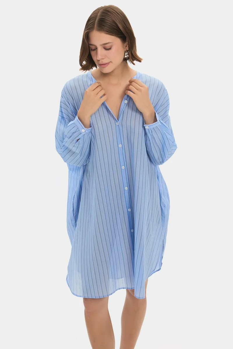 جون Women's Exclusive Wide Pattern Blue Judge Collar Striped 100% Cotton Shirt Dress