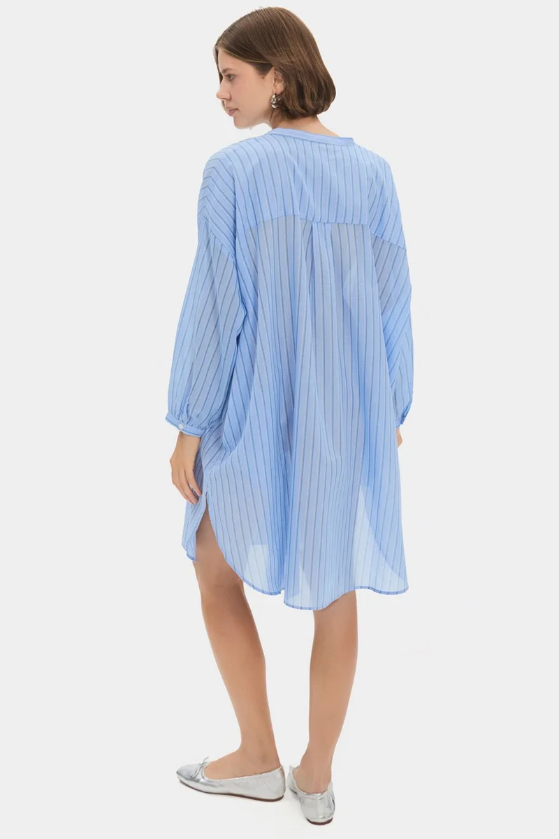 جون Women's Exclusive Wide Pattern Blue Judge Collar Striped 100% Cotton Shirt Dress