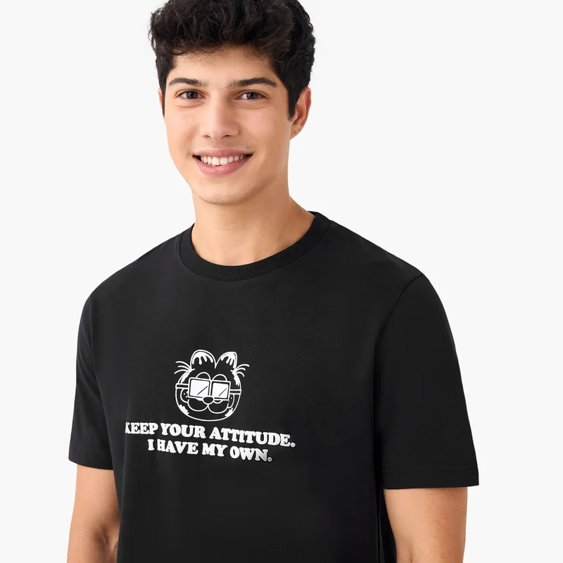 Splash FAV Garfield Print Crew Neck T-shirt with Short Sleeves
