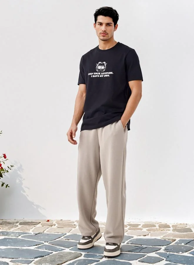 Splash FAV Garfield Print Crew Neck T-shirt with Short Sleeves