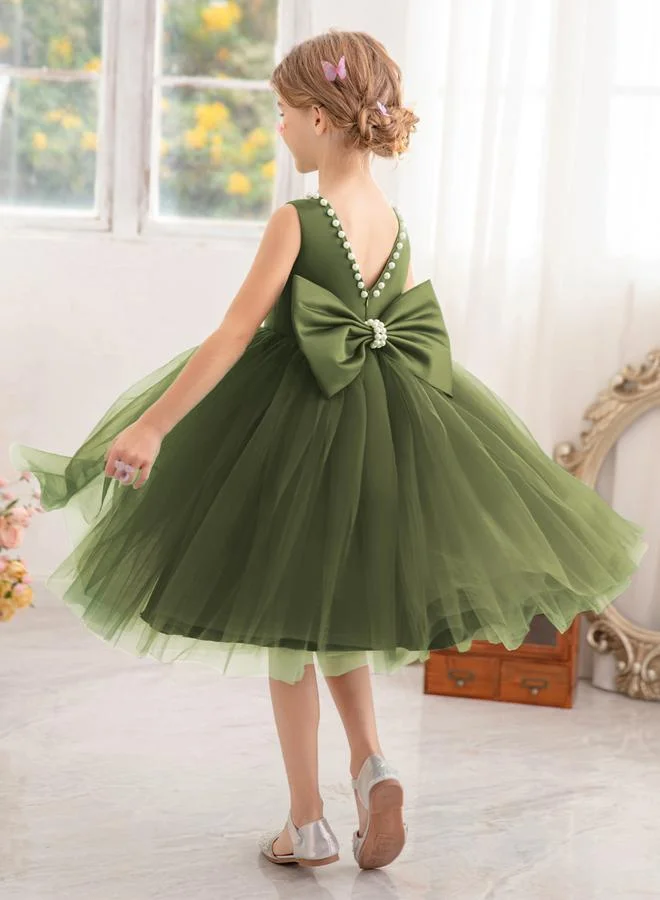 تايك تو فستان حفلات أميرة للفتيات بياقة خلفية عميقة وتفاصيل لؤلؤ وفيونكة