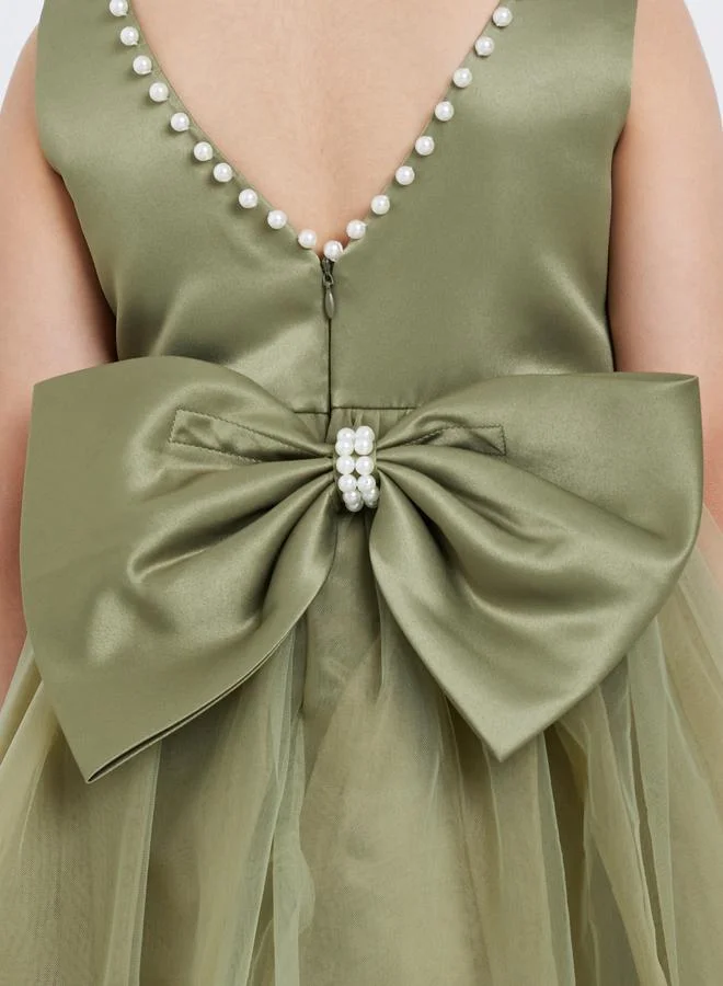 Take Two  Girls Pearl Decor Bow Tie Deep V-Back Princess Party Dress for Women | Best Price UAE