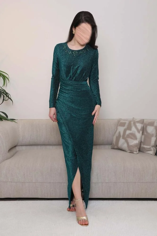 Opera Fashion Emerald Green Shiny Stretch Evening Dress with Neckline Accessory