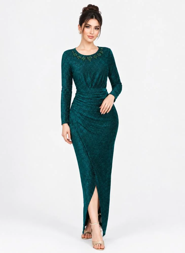 Opera Fashion Emerald Shimmer Evening Gown with Neck Detail