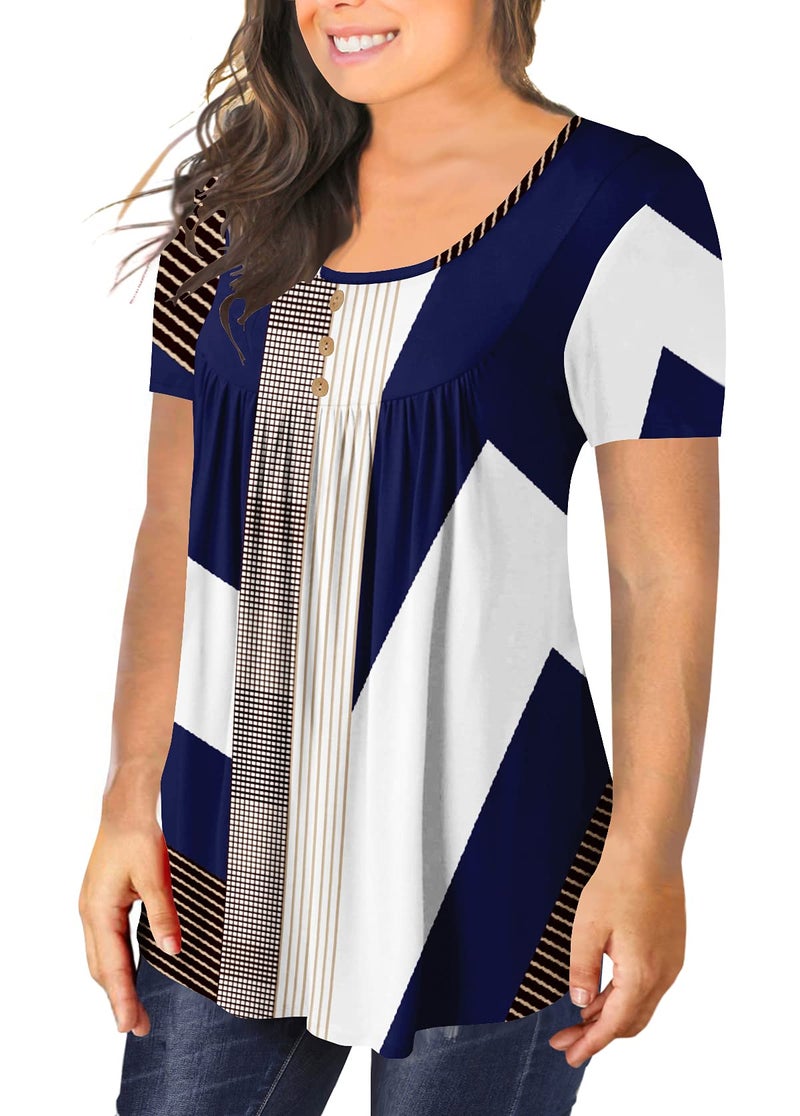 BeadChica Women's Plus Size Tunic Tops For Leggings Casual Summer Flowy Tshirts Ruched Botton Up Short Sleeve Blouses-Floral-2XL White Blue - Image 2