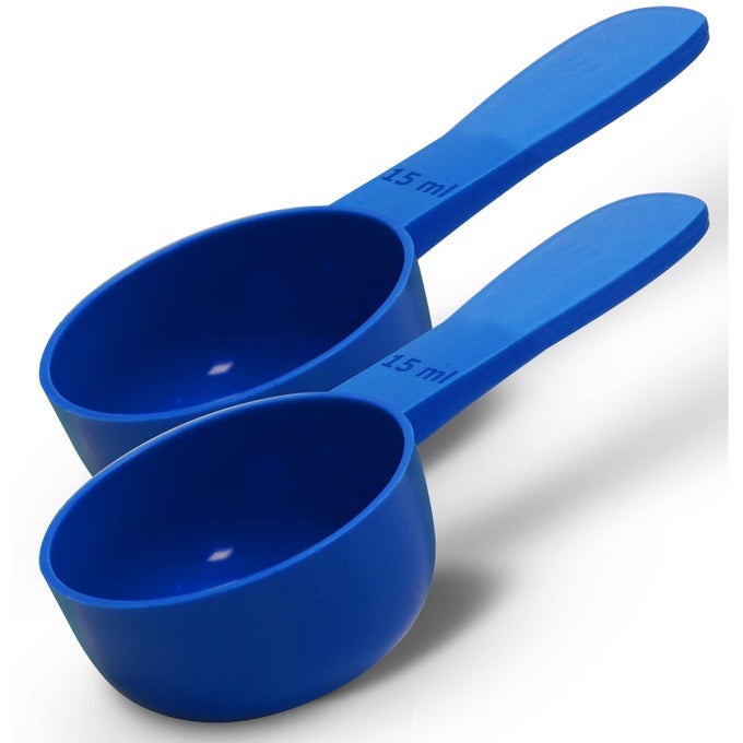 2PC KIT 15ML REUSABLE SHORT HANDLE PLASTIC MEASURING SPOON SCOOPS DOSING SPOONS IDEAL FOR LIQUIDS POWDERS GRANULES HOME KITCHEN CATERING HEALTHCARE FITNESS